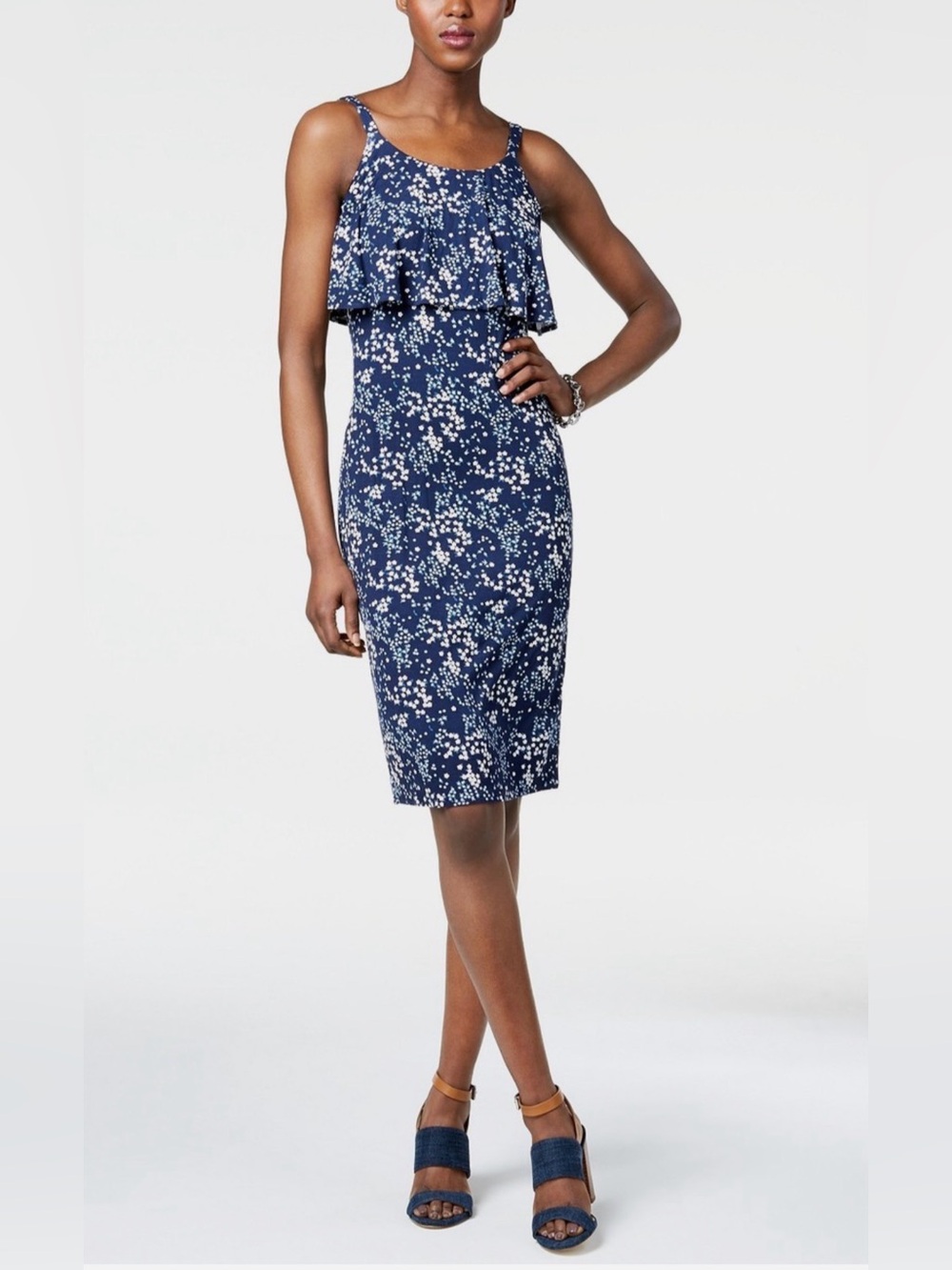Michael Kors Navy Floral Ruffle Sheath Dress